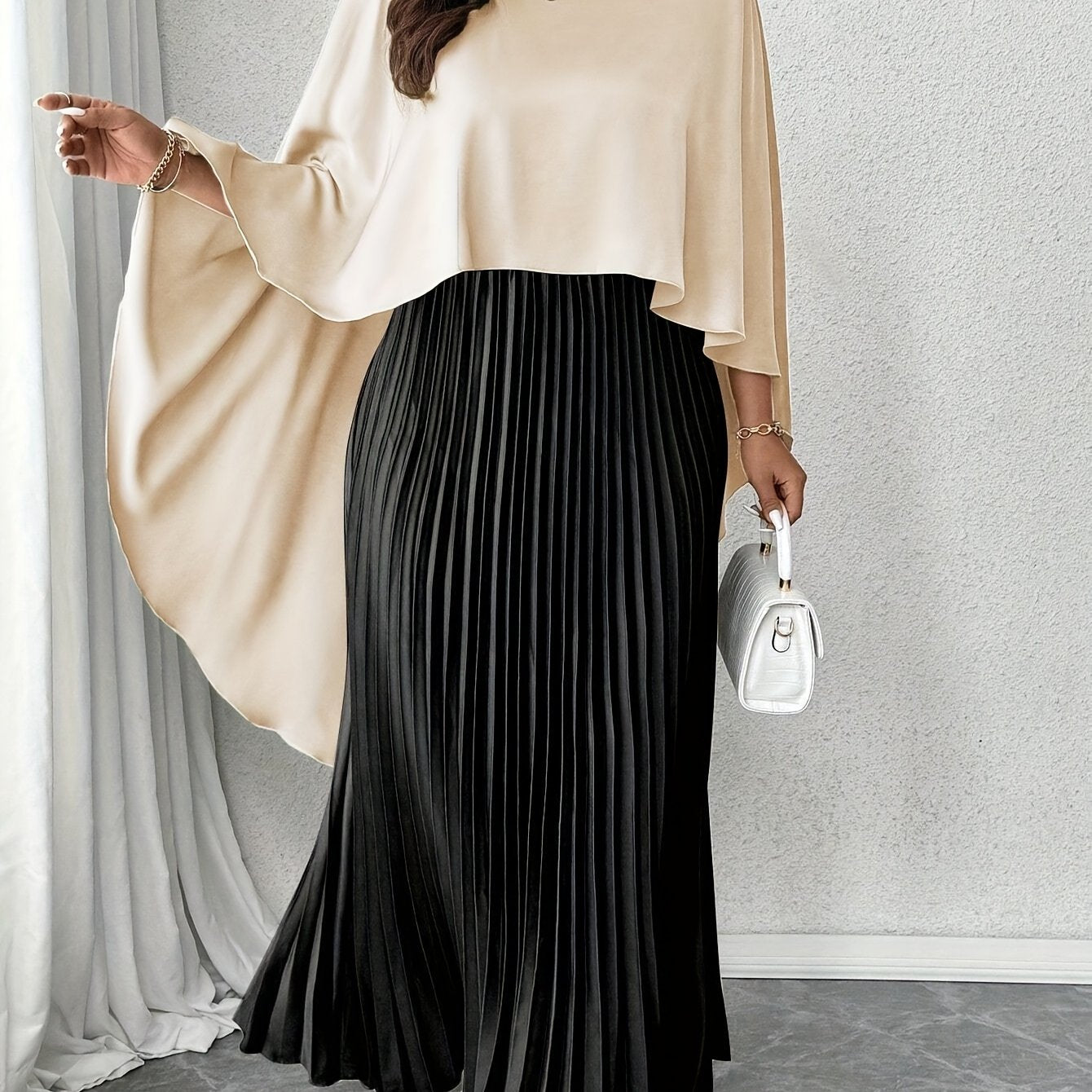 Large Size Women's Elegant Two-Piece Set, Suitable for Spring and Summer, Colorful Satin Shawl and Pleated Skirt, Fashionable and Slimming