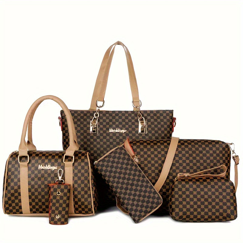 Ensemble de sacs à main de luxe à carreaux noirs et bruns de luxe de 6 pièces