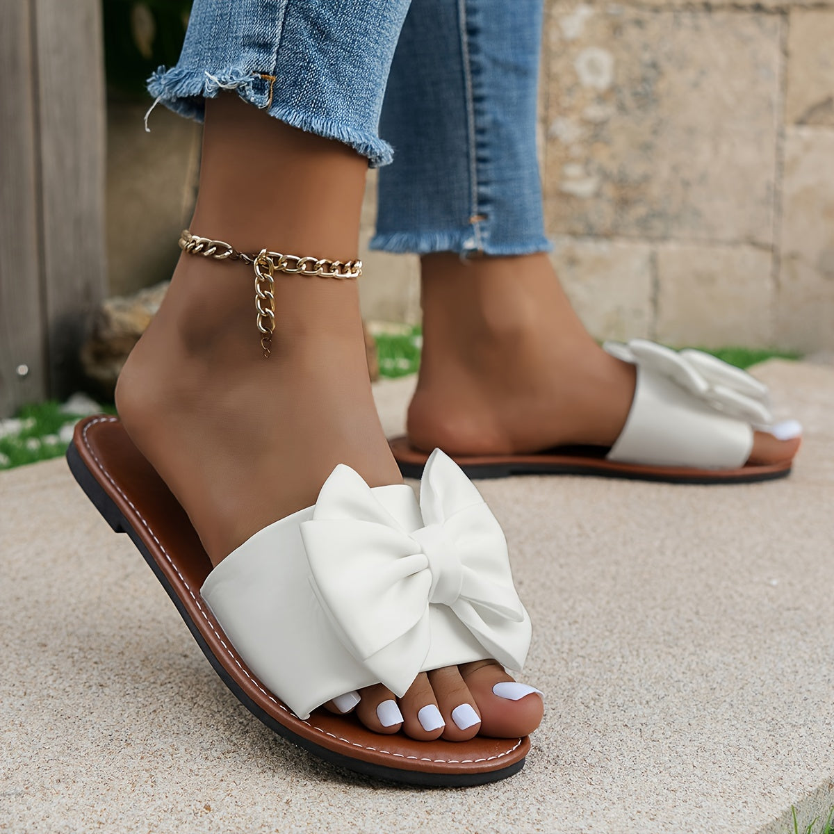 Sandales à glissière à nœud papillon blanc chic pour femmes