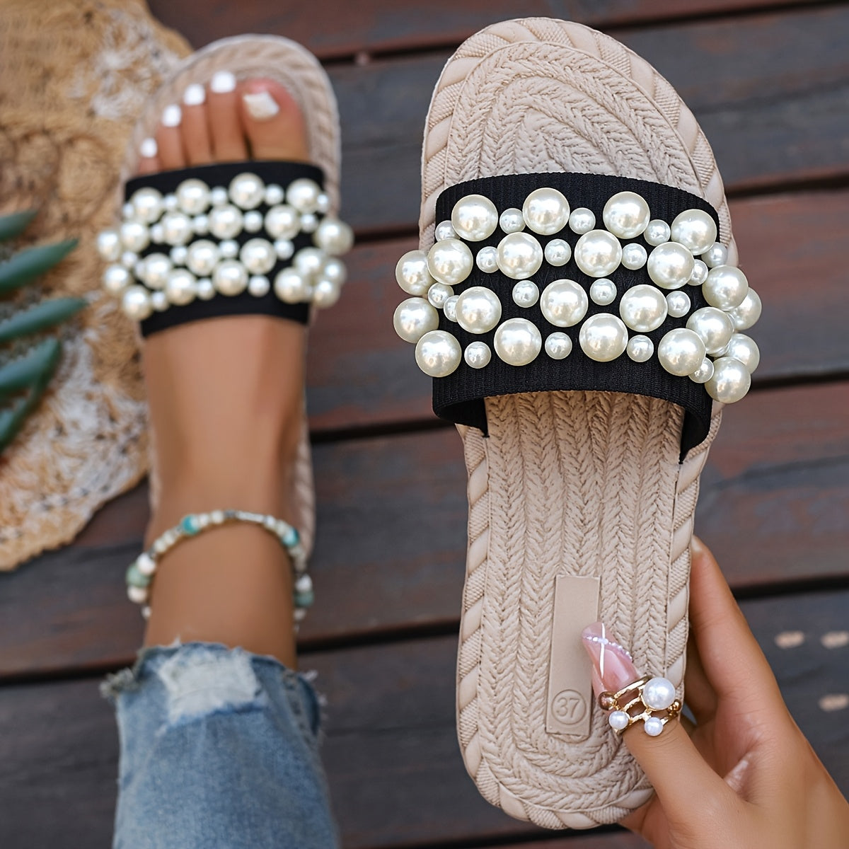 Sandales à glissière en perles pour femmes