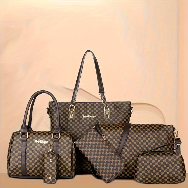Ensemble de sacs à main de luxe à carreaux noirs et bruns de luxe de 6 pièces