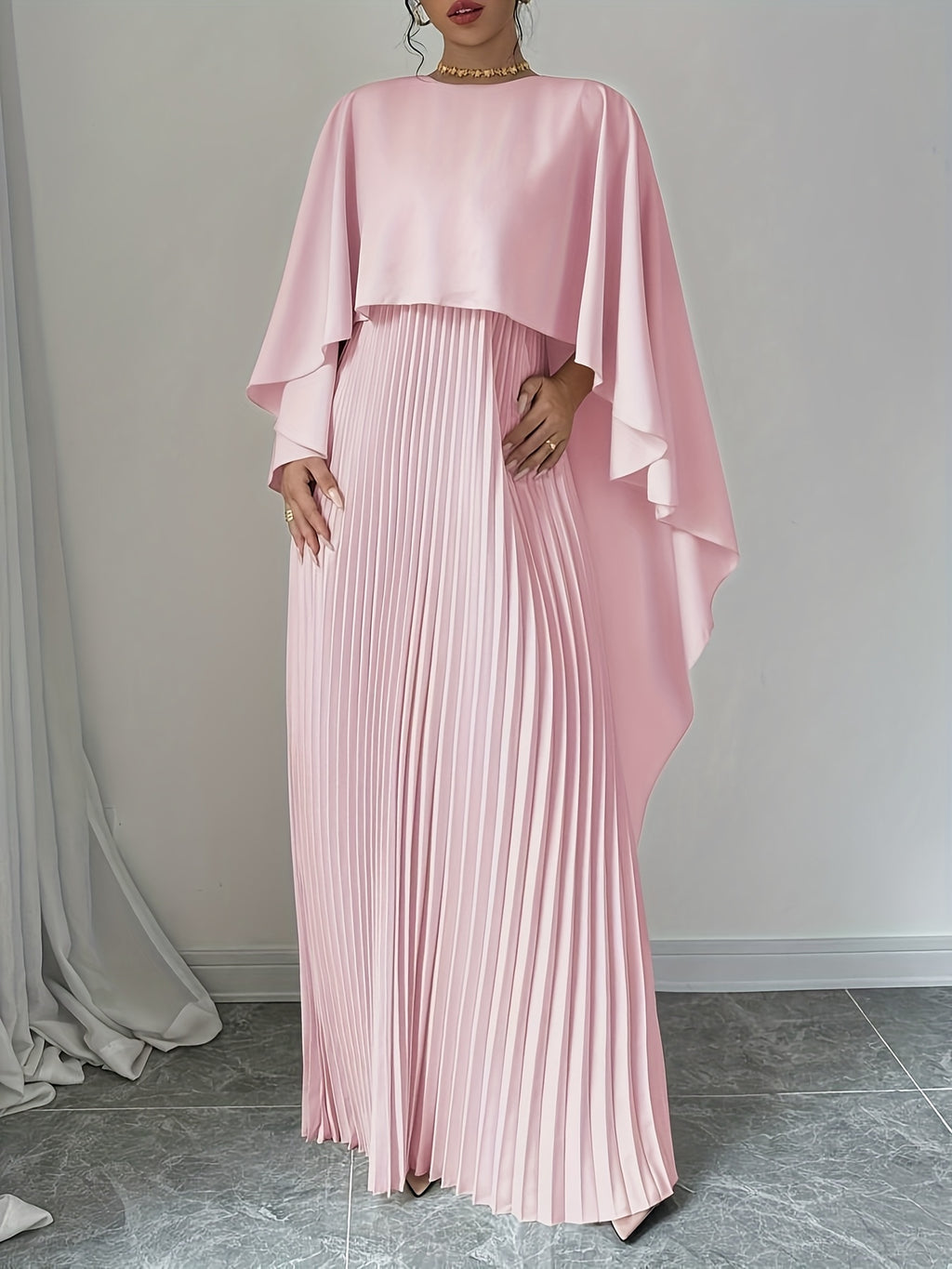 Stylish Women's Long Pleated Cape Dress with Cardigan Set