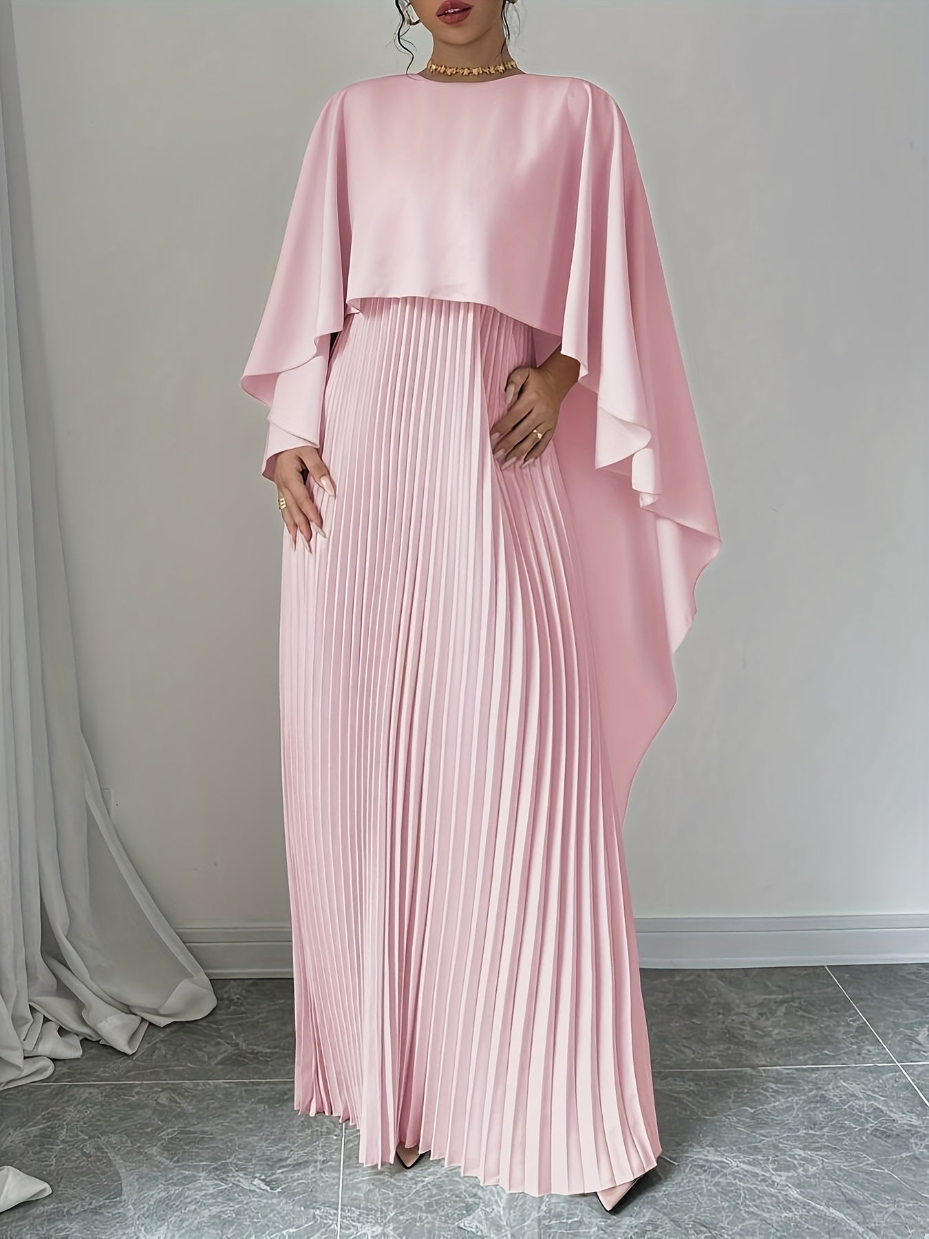 Stylish Women's Long Pleated Cape Dress with Cardigan Set