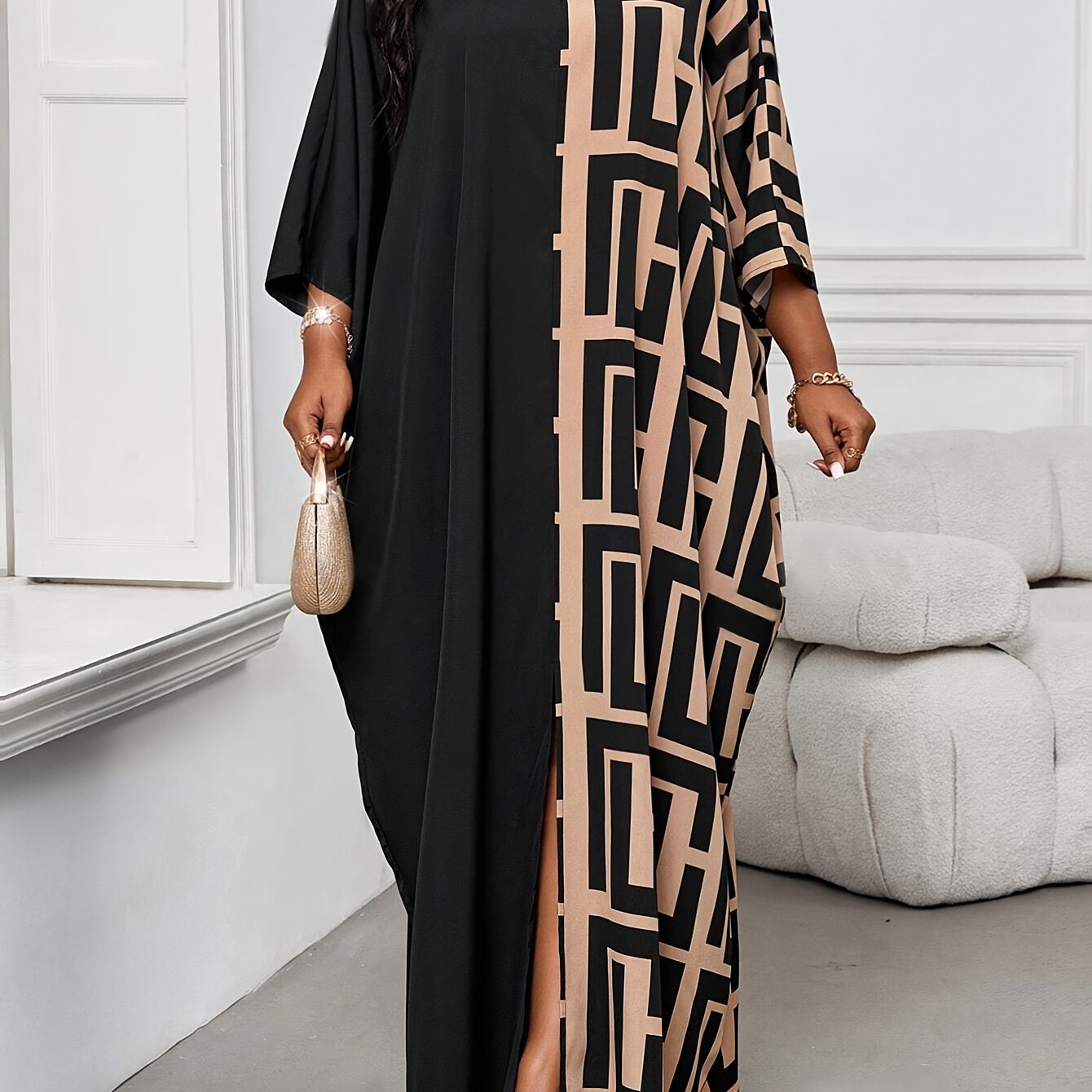 Grande taille, élégante robe longue élégante à col rond et manches longues à blocs de couleur