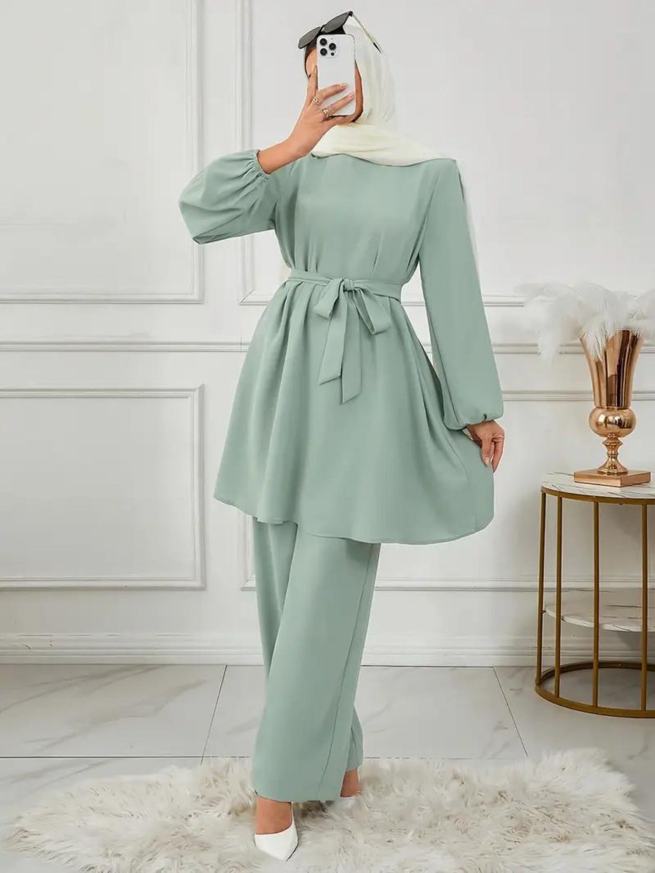 Grande taille, ensemble Abaya vert clair élégant pour femmes