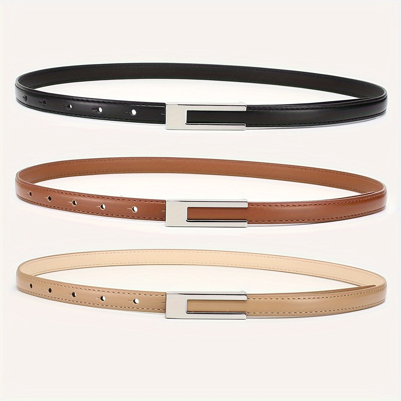 3 ceintures skinny en similicuir pour femmes avec boucles en métal - Noir, marron, beige
