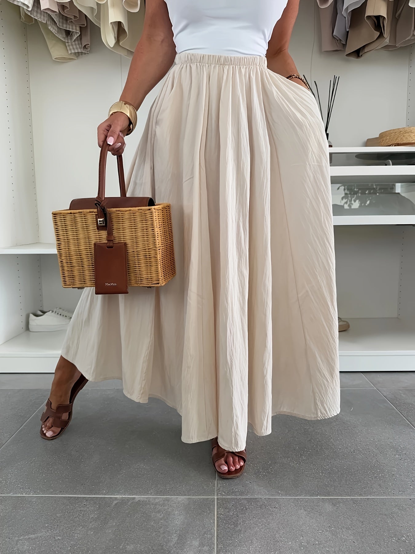 Women'S Casual Solid Color Flared Skirt with Pockets - Regular Fit, All-Season, No Belt, Allseason Skirt|Casual Style Skirt|Pocketed Skirt
