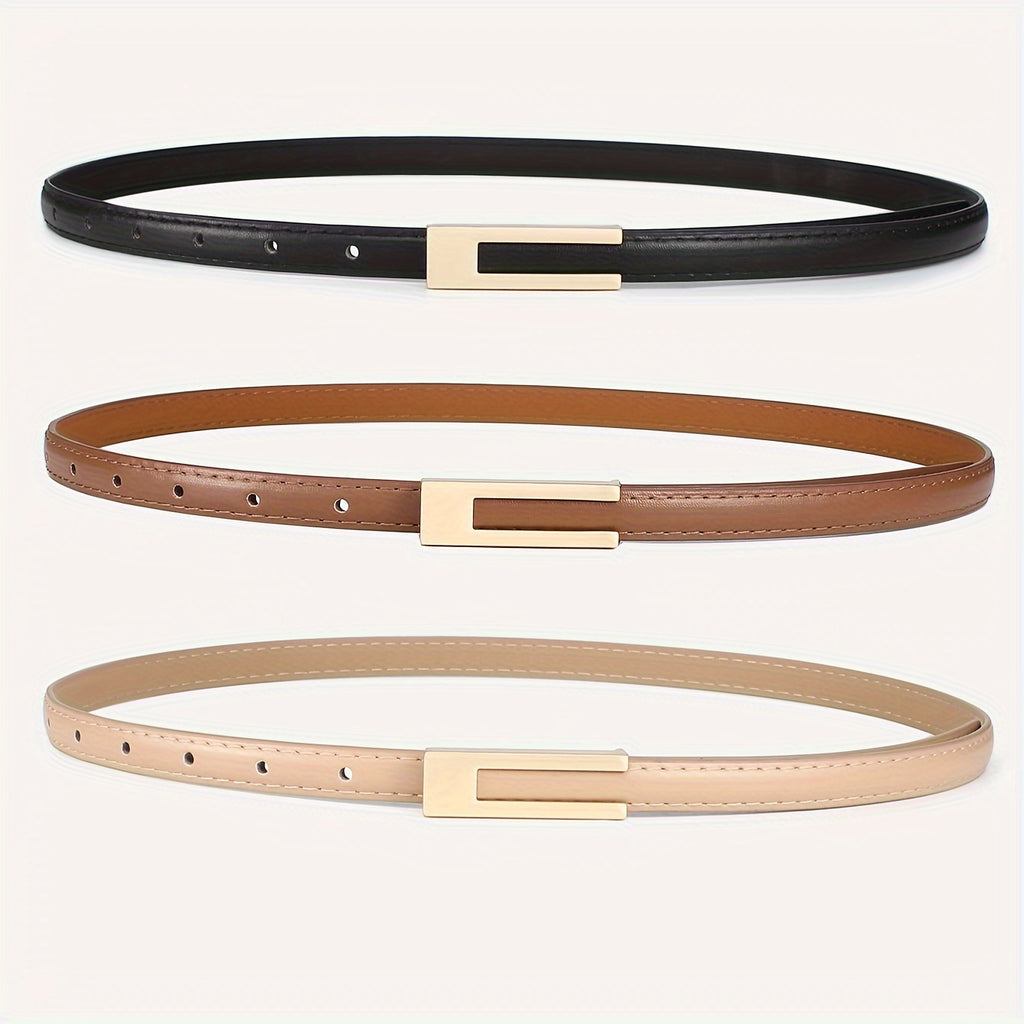 3 ceintures skinny en similicuir pour femmes avec boucles en métal - Noir, marron, beige