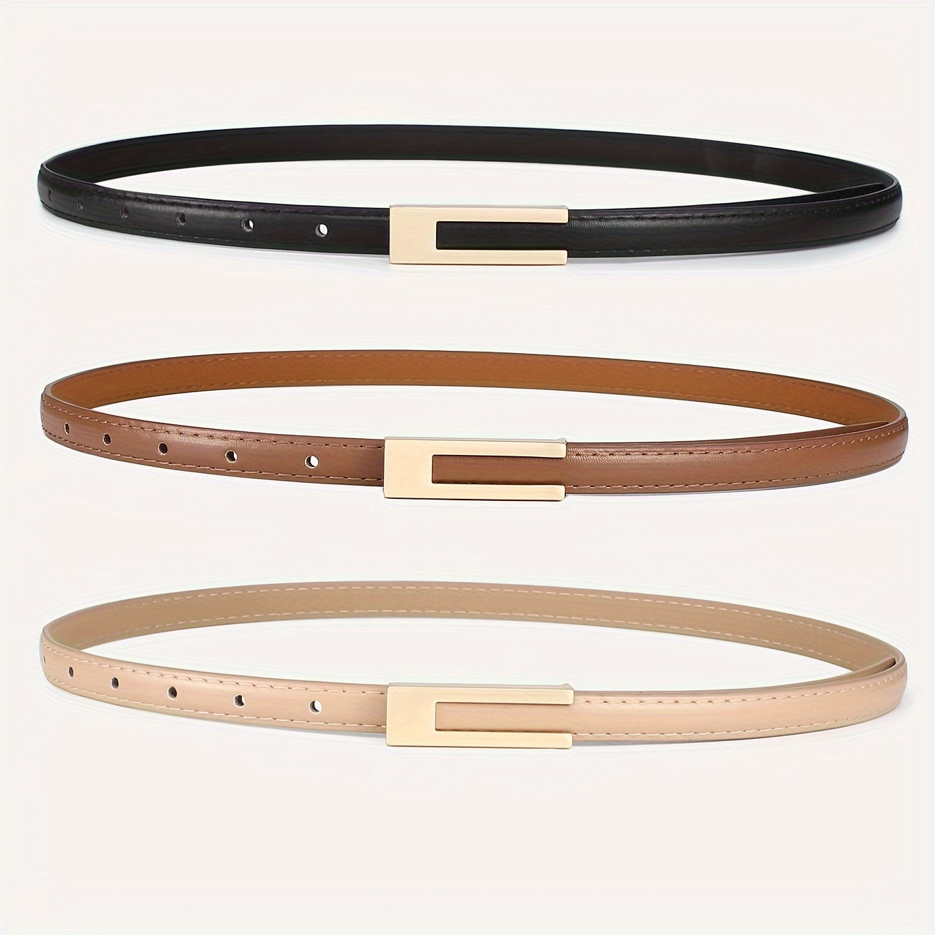 3 ceintures skinny en similicuir pour femmes avec boucles en métal - Noir, marron, beige