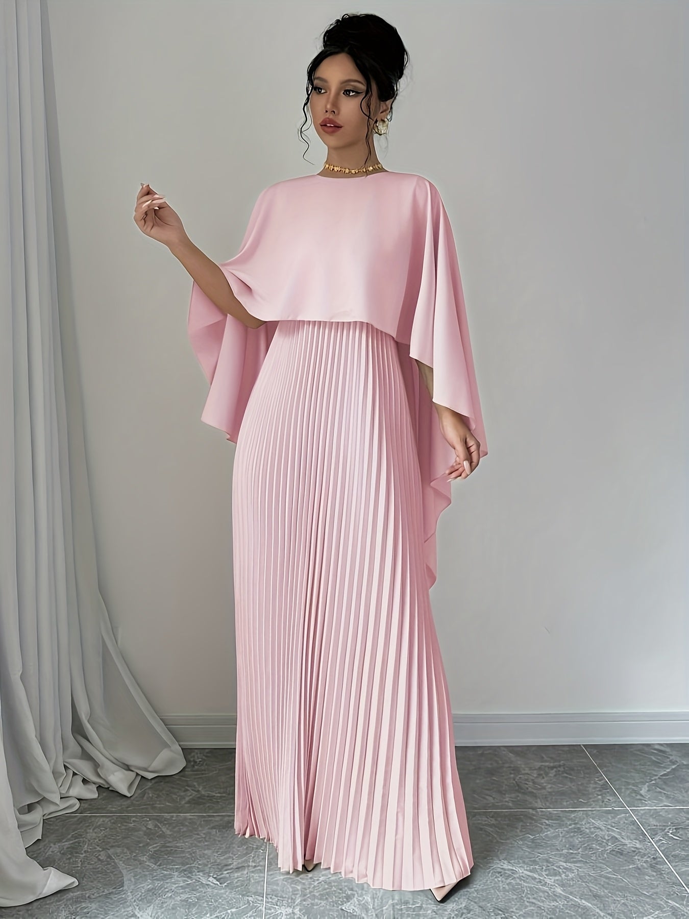 Stylish Women's Long Pleated Cape Dress with Cardigan Set