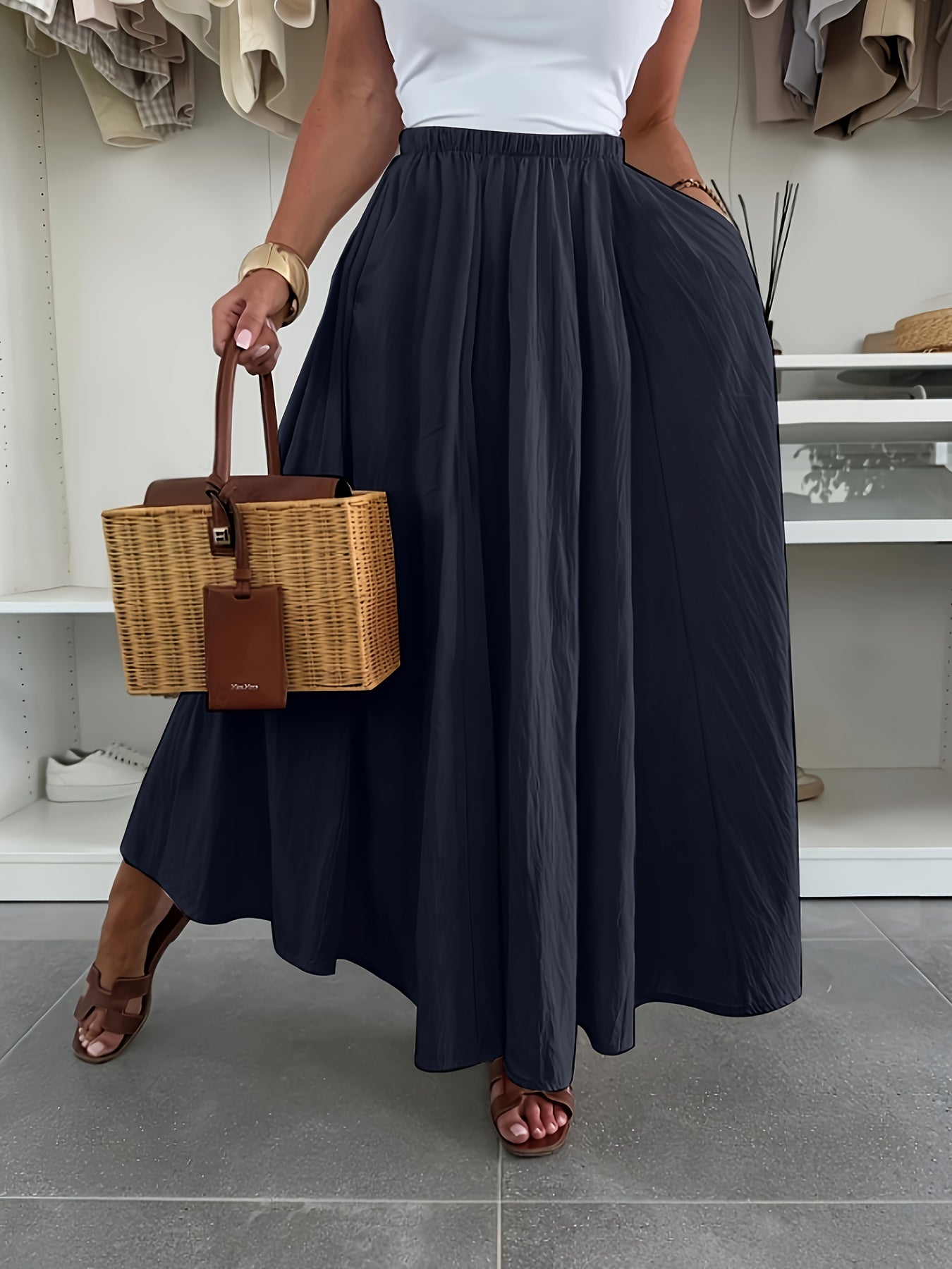 Women'S Casual Solid Color Flared Skirt with Pockets - Regular Fit, All-Season, No Belt, Allseason Skirt|Casual Style Skirt|Pocketed Skirt