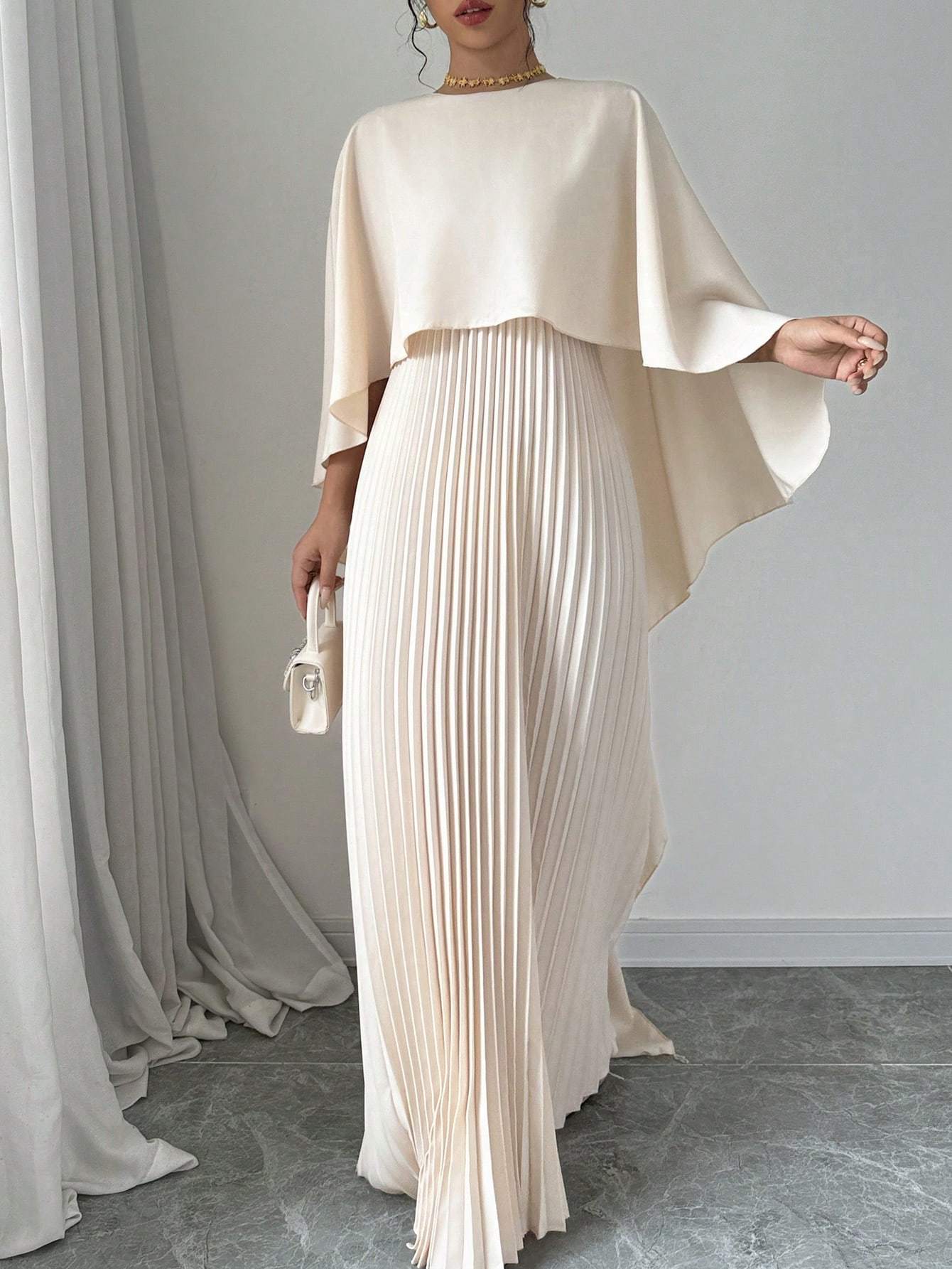 Stylish Women's Long Pleated Cape Dress with Cardigan Set