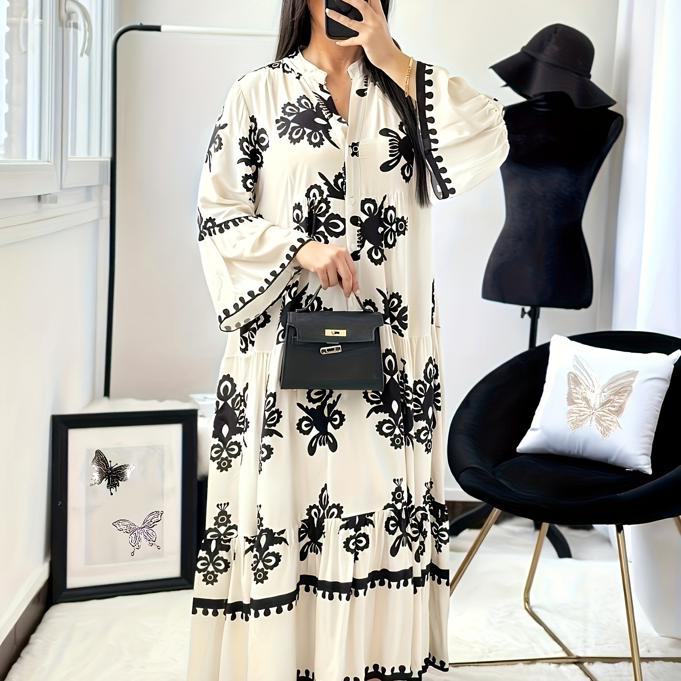 Robe A-Line élégante à manches floral