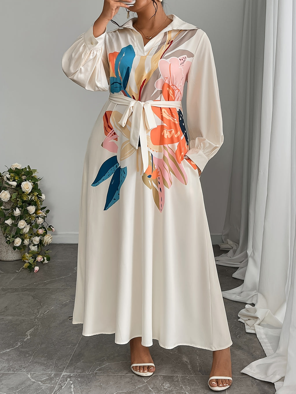 Plus Size, Plus Size Women's Elegant Floral Pattern Loose Side Pocket Maxi Dress, Spring/Autumn Long Length