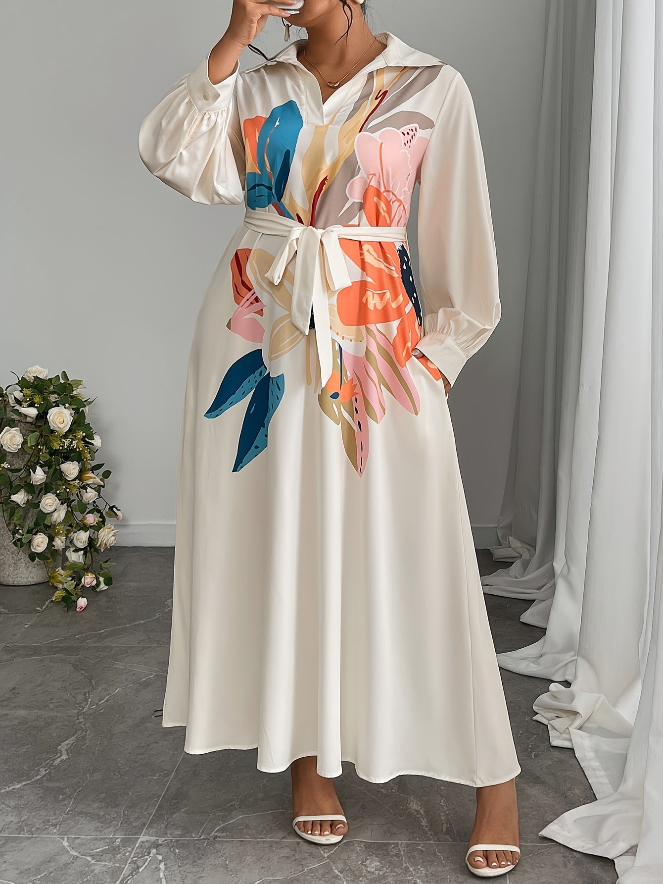 Plus Size, Plus Size Women's Elegant Floral Pattern Loose Side Pocket Maxi Dress, Spring/Autumn Long Length