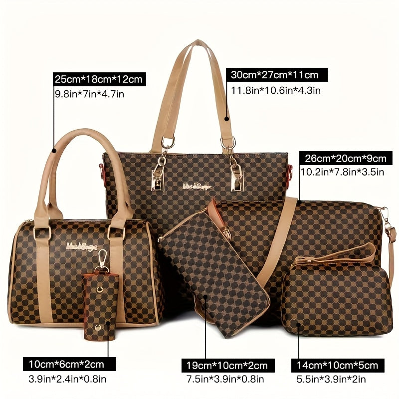 Ensemble de sacs à main de luxe à carreaux noirs et bruns de luxe de 6 pièces